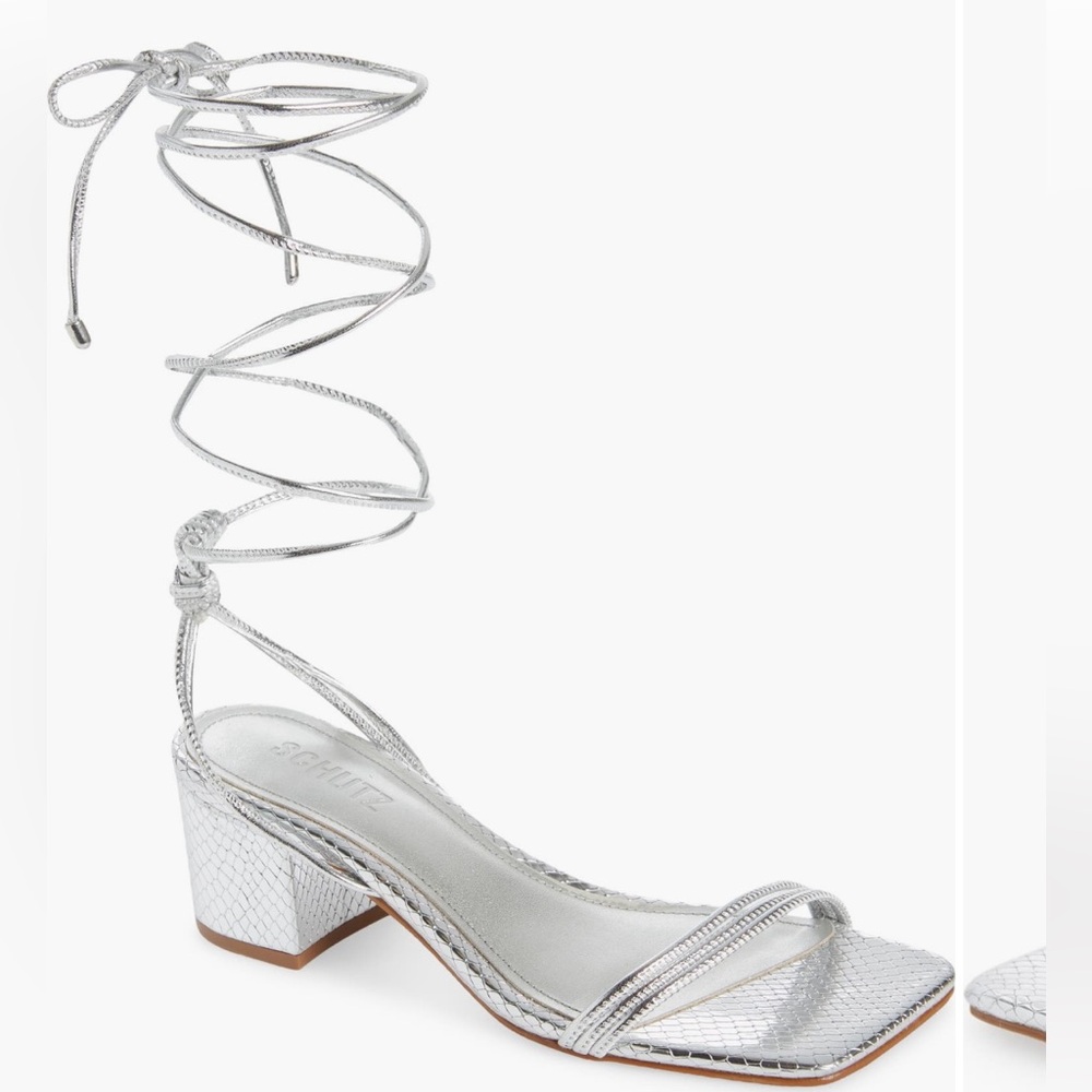 SCHUTZ Thea Ankle Tie Block heel sandal in Silver